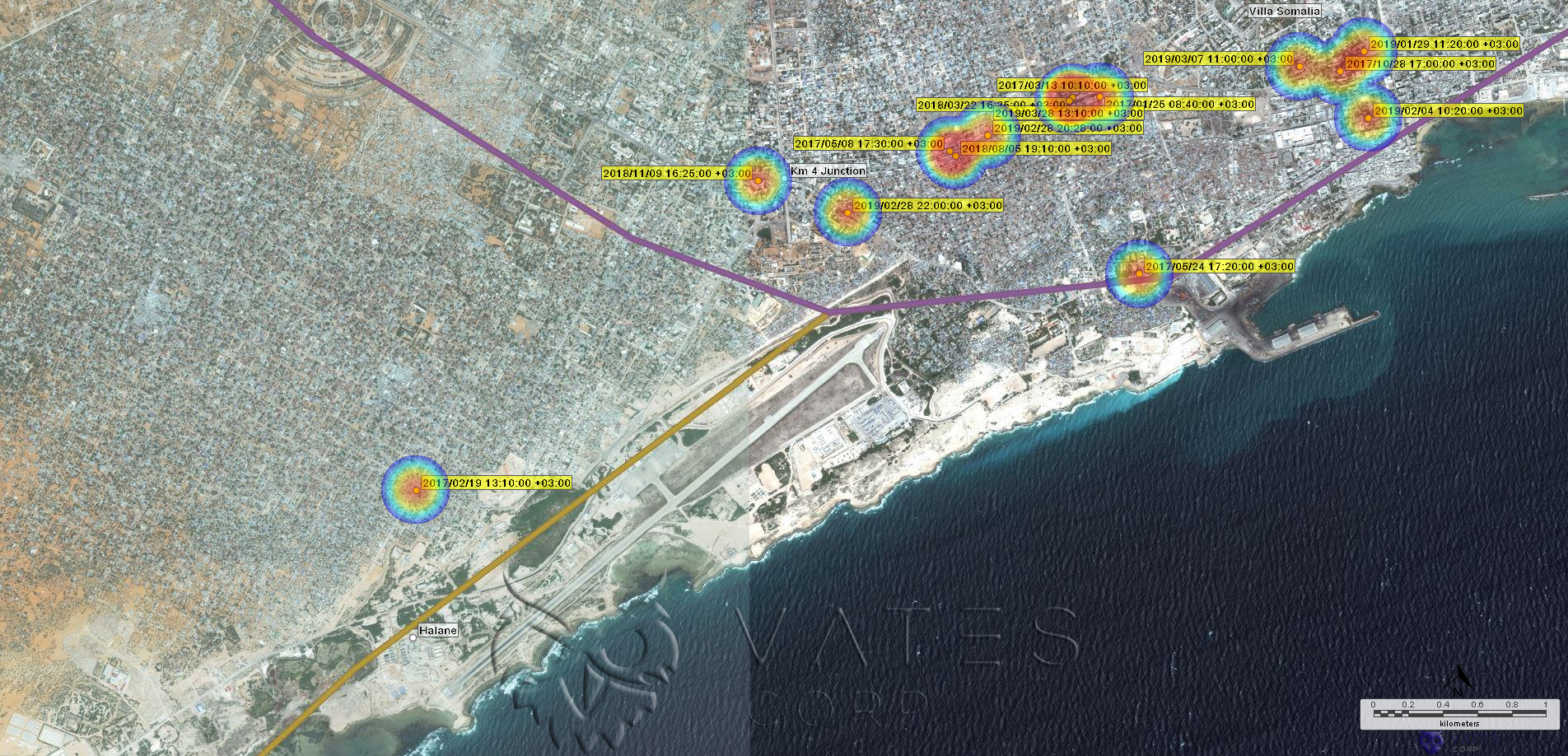 Vates Corp Jan 01 2017 - Apr 08 2019 Select Mogadishu Somalia VBIEDs Civilian Targets (20) Heatmap